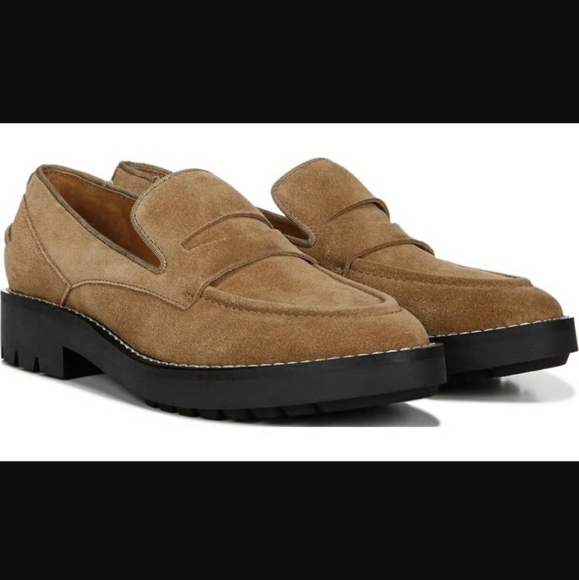 Franco Sarto Anthropologie Tavoli Lug Sole Penny Loafers in Toasted Barley Suede - Picture 2 of 13